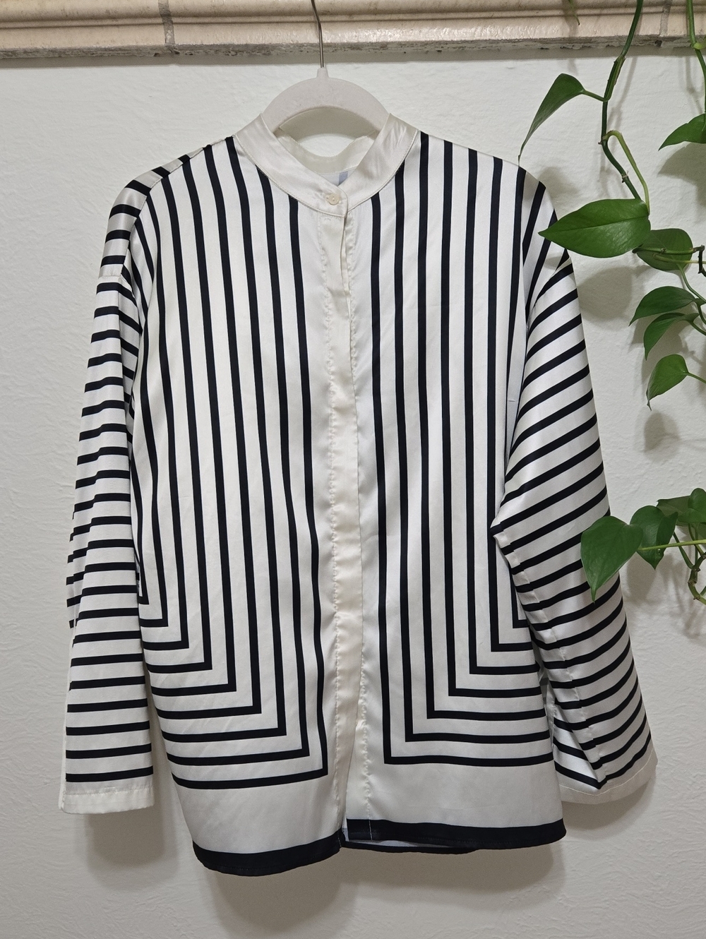 Oversized Satin Striped Button Down Blouse - Picture 3 of 9